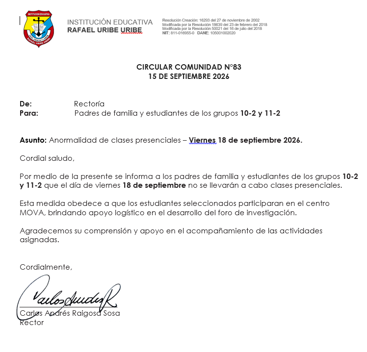 se informa a los padres de familia y estudiantes de los grupos 10-2 y 11-2 que el día de viernes 18 de septiembre no se llevarán a cabo clases presenciales.

Esta medida obedece a que los estudiantes seleccionados participaran en el centro MOVA, brin
